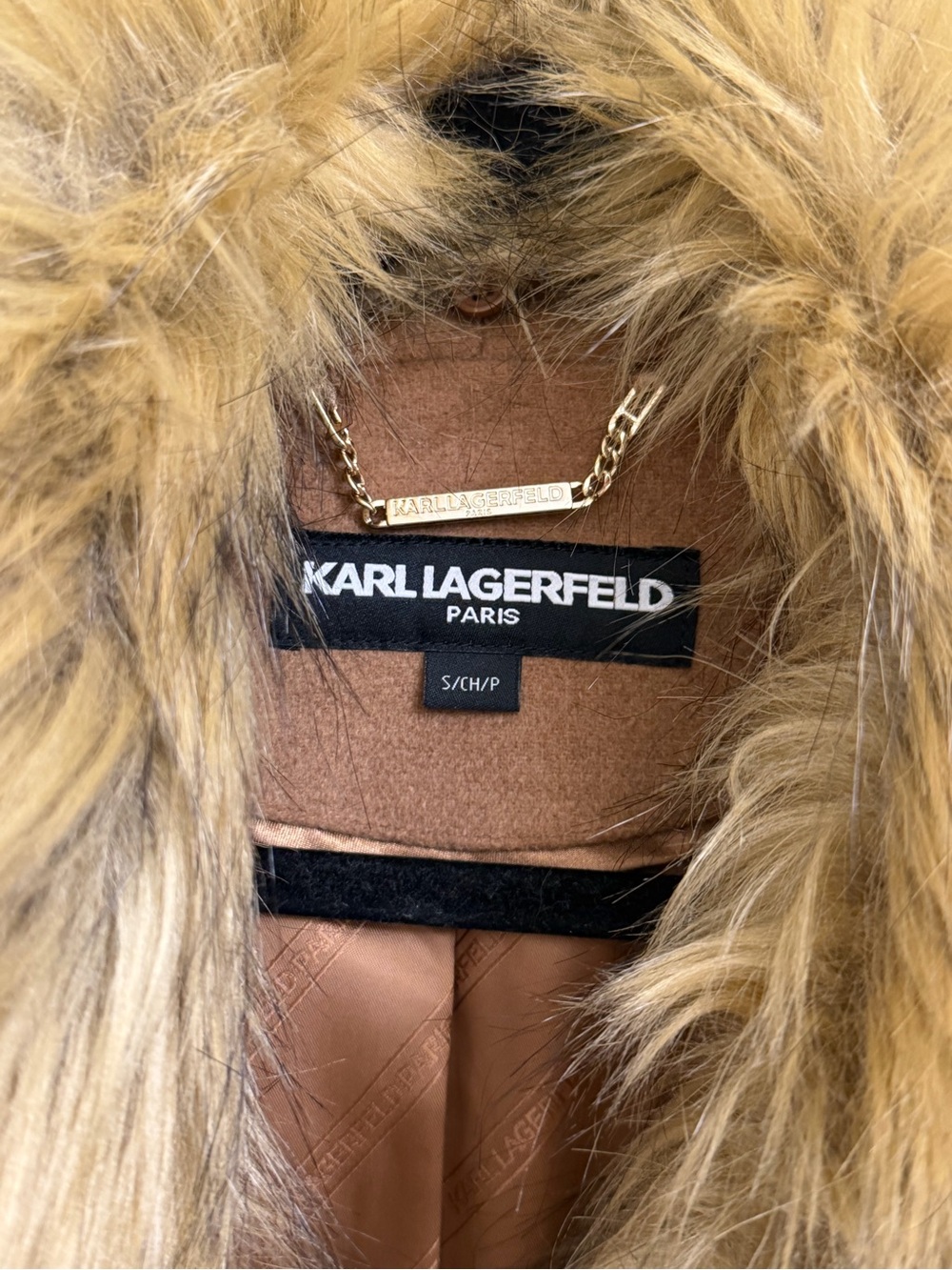 RARE!! Karl Lagerfeld Brown Wool Trench Coat with Faux Fur Collar - Picture 6 of 10